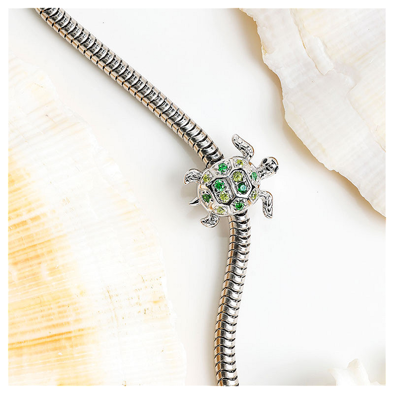 Ocean - Sterling Silver - Green Cubic Zirconia Turtle Bead Charm