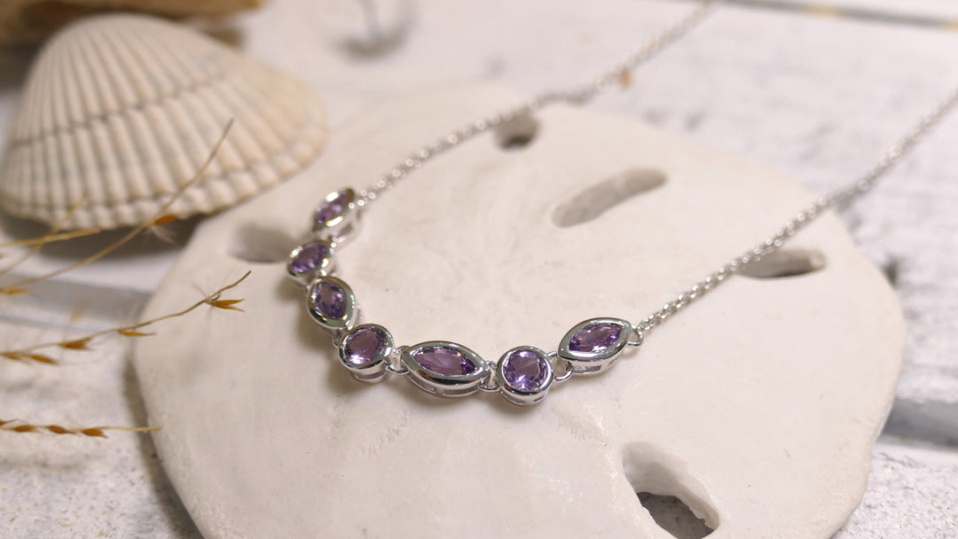 Sterling Silver - Silver Rhodium Multi Shape Amethyst Necklace 16-18"