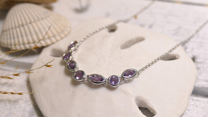 Sterling Silver - Silver Rhodium Multi Shape Amethyst Necklace 16-18"
