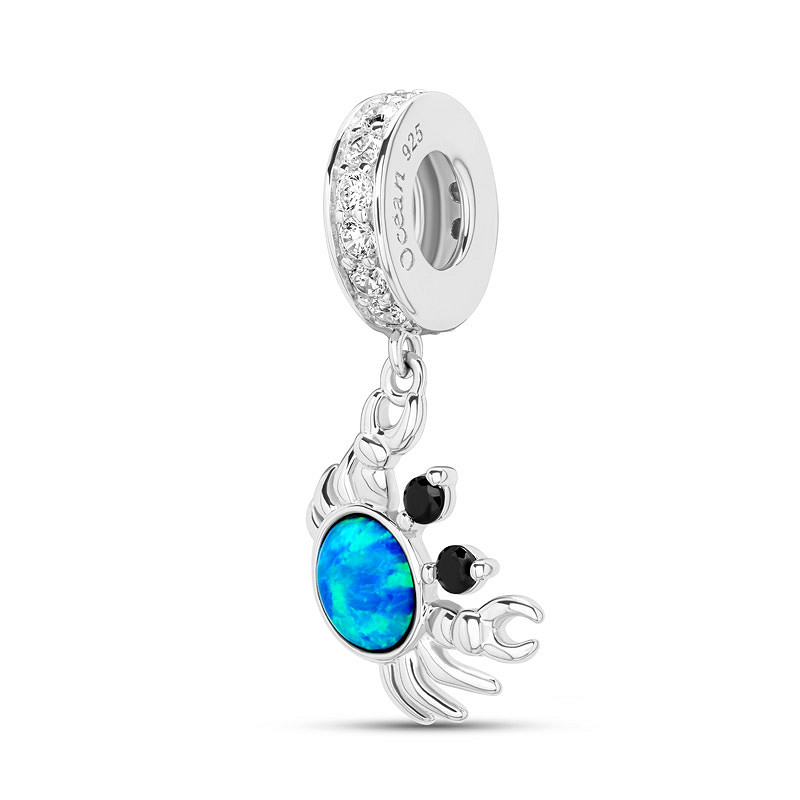 Ocean - Sterling Silver - Blue Opal Cubic Zirconia Crab Dangle Charm