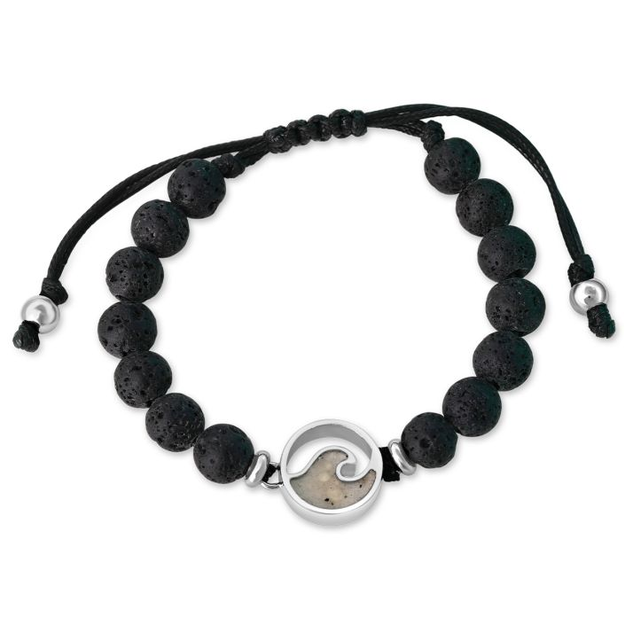 Dune - Stainless Steel - Silver Wave & Lava Beads Ocean City Beach Sand Cord Bracelet (adjustable up tp 9.5")
