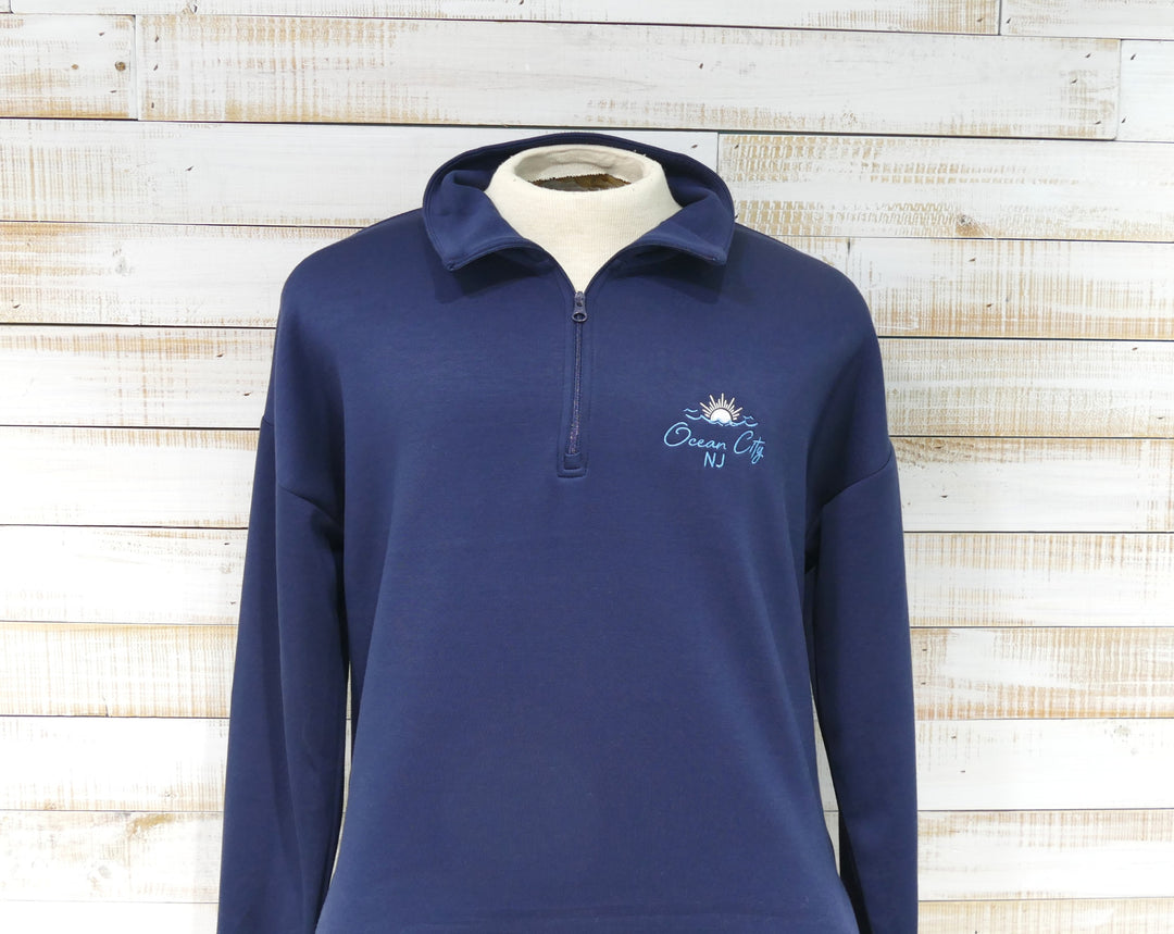 Ocean City Classics - Long Sleeve 1/4 Zip Cadet Collar Sweatshirt - Navy