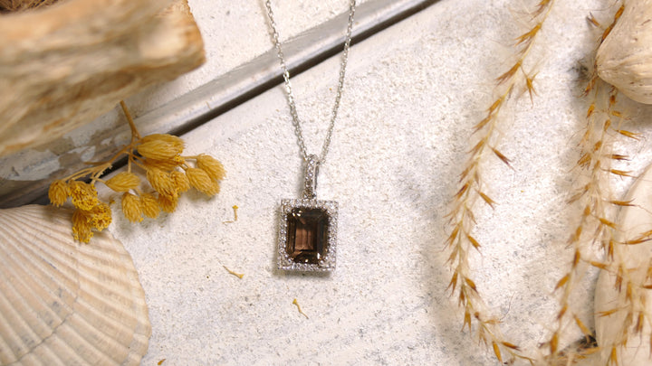 14k White Gold Diamond 0.08ct Smoky Quartz Emerald Cut Pendant
