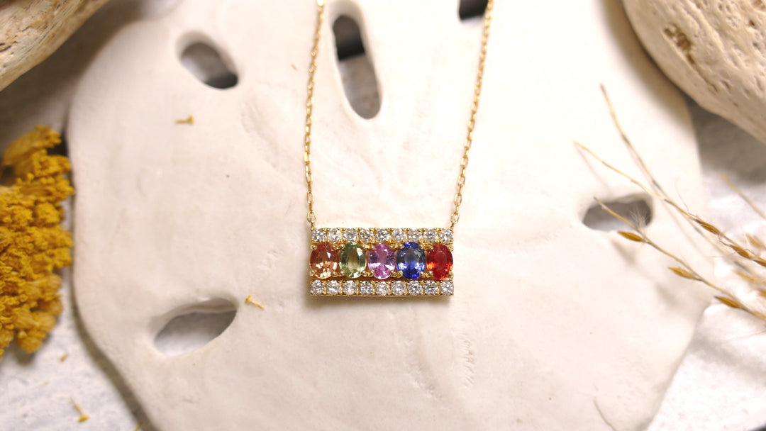 18k Yellow Gold 5 Stone Bar - Rainbow Gradient - Natural Diamond 0.32ct Sapphire Necklace