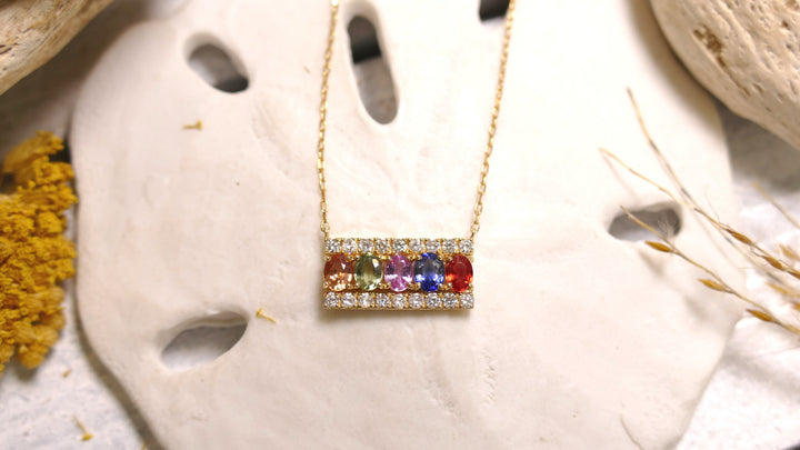 18k Yellow Gold 5 Stone Bar - Rainbow Gradient - Natural Diamond 0.32ct Sapphire Necklace