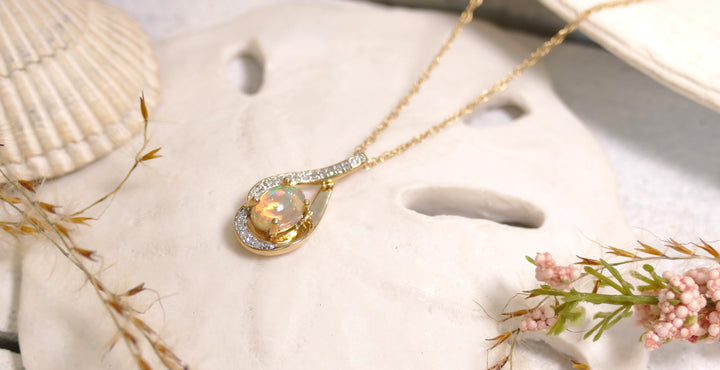 14k Yellow Gold Ethiopian Opal 0.07ct Natural Diamonds Oval Necklace