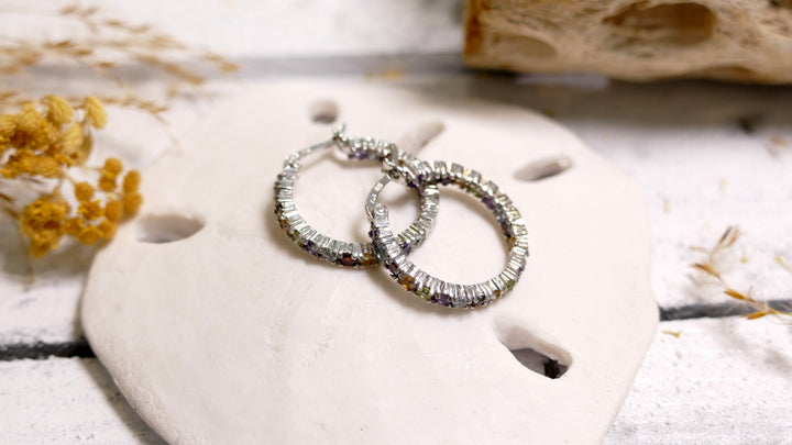 Sterling Silver Silver Multi Colored Hoop Earrings