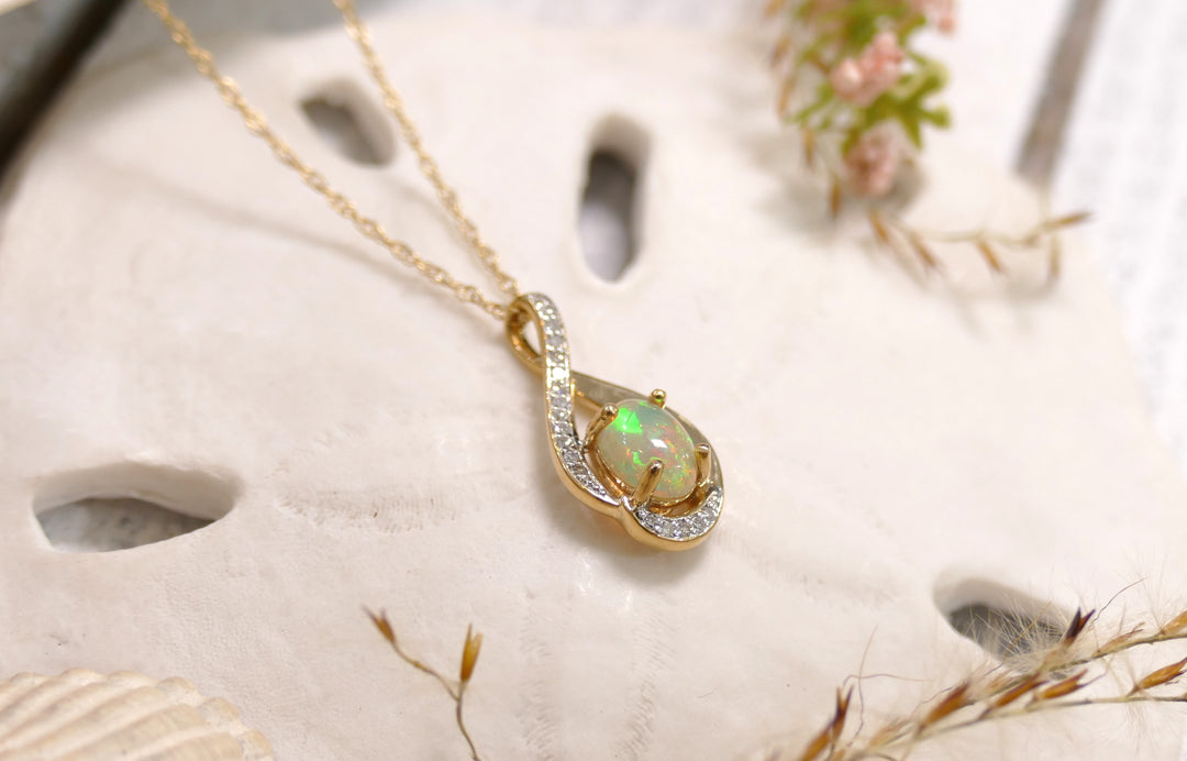 14k Yellow Gold Ethiopian Opal 0.07ct Natural Diamonds Oval Necklace