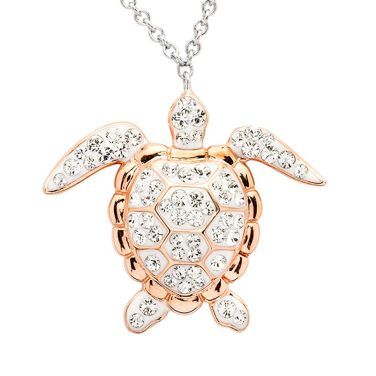 Ocean - Sterling Silver - Rose Gold Crystal 18" Turtle Necklace