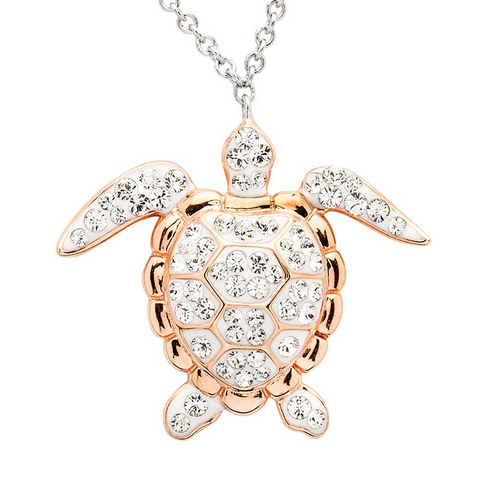 Ocean - Sterling Silver - Rose Gold Crystal 18" Turtle Necklace