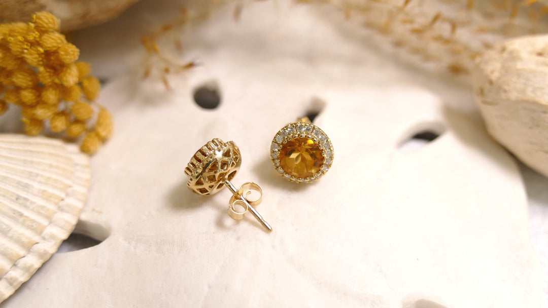 14k Yellow Gold Round 0.19ct Citrine Diamond Halo Stud Earrings