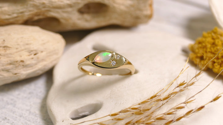 14k Yellow Gold Opal Marquise Letter Ring (Size 6.5)