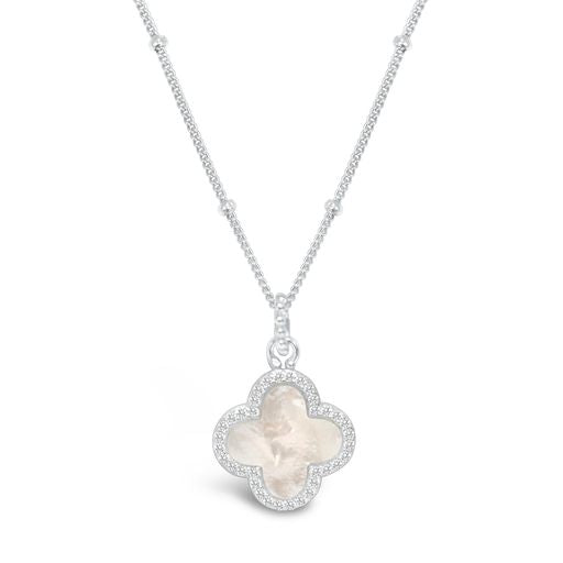 Stia - Sterling Silver - Silver CZ - With Backside - Mother of Pearl Clover 15-17" Necklace