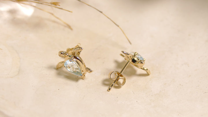 14k - Yellow Gold Blue Topaz Turtle Stud Earrings