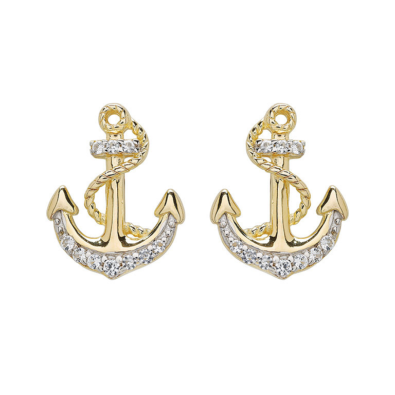 Ocean - - Gold Vermeil White Sapphire Anchor Stud Earrings