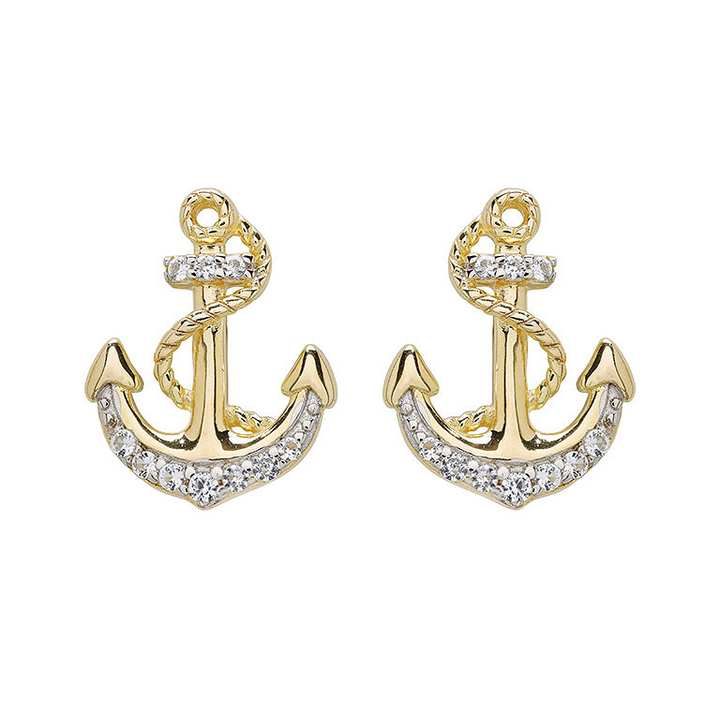Ocean - - Gold Vermeil White Sapphire Anchor Stud Earrings