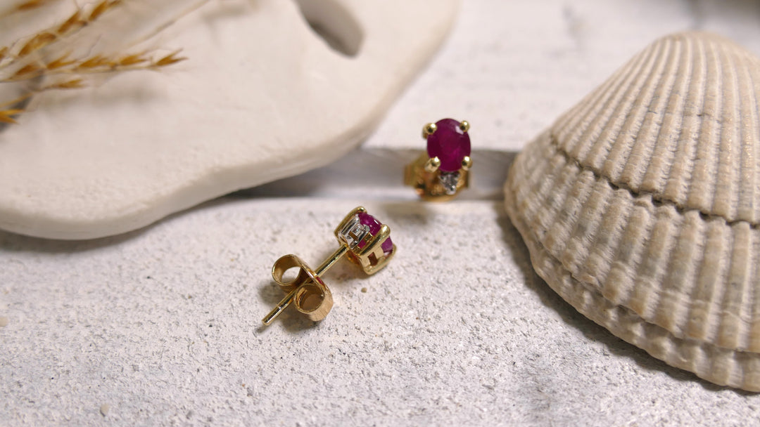 14k Yellow Gold Oval 1 Accented Diamond 0.02ct Ruby Stud Earrings