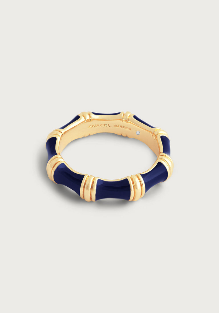 Anabel Arum - Brass - 18K Gold Plated Navy Blue Enamel Bamboo Ring (Size 7)