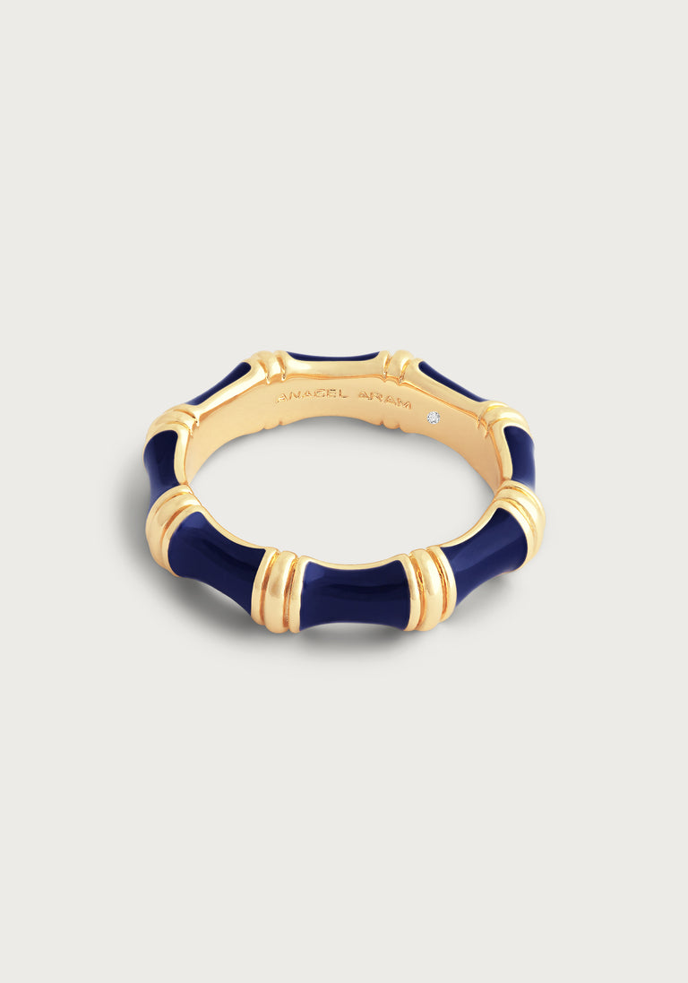 Anabel Arum - Brass - 18K Gold Plated Navy Blue Enamel Bamboo Ring (Size 8)
