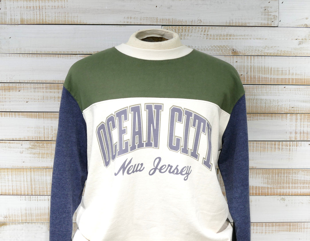 Ocean City Classics - Long Sleeve Crew Neck Color Block Olive + Navy Sweatshirt - Ivory