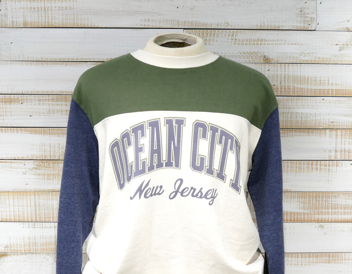 Ocean City Classics - Long Sleeve Crew Neck Color Block Olive + Navy Sweatshirt - Ivory
