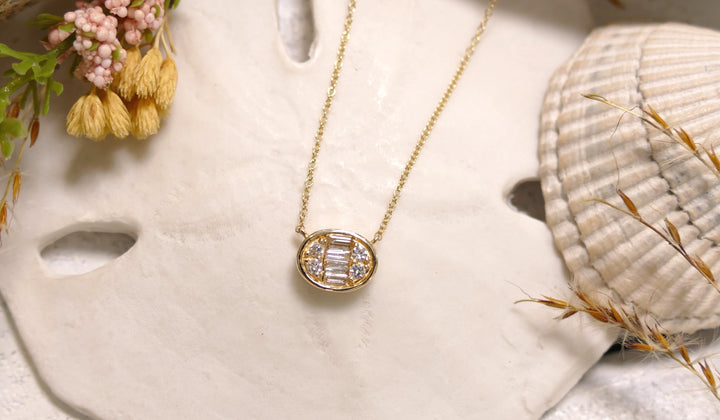 18k Yellow Gold Diamond .20ct Baguette Oval Necklace