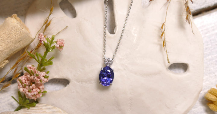 14k White Gold Accent Round Pave Diamond .03ctw Tanzanite Oval Pendant