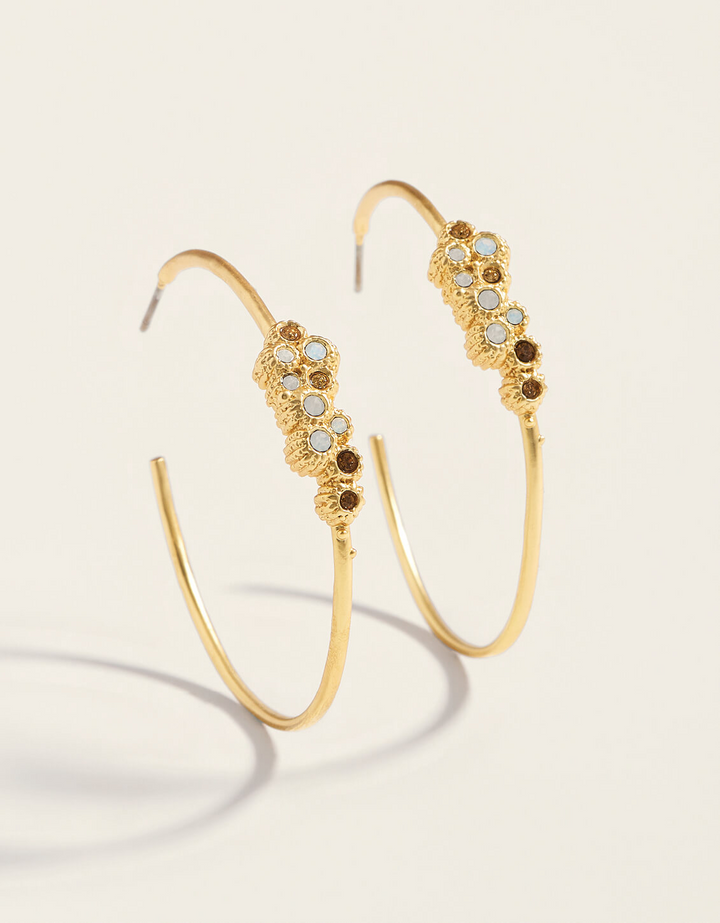 Spartina - - Gold Plated White Opal - Crystal Hoop Earrings