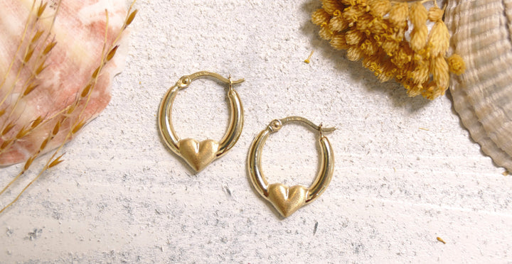 14k Yellow Gold Center Heart Hoop Earrings