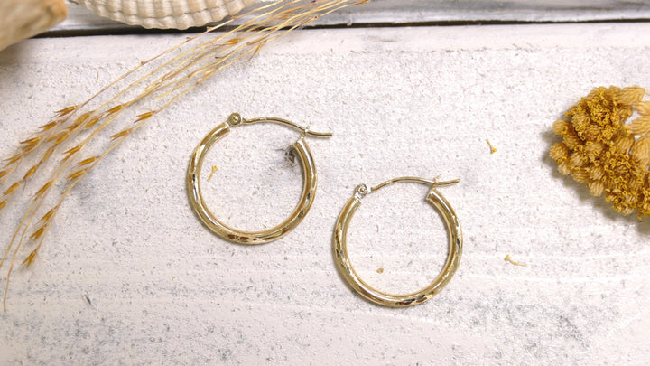14k Yellow Gold Diamond Cut Hoop Earrings
