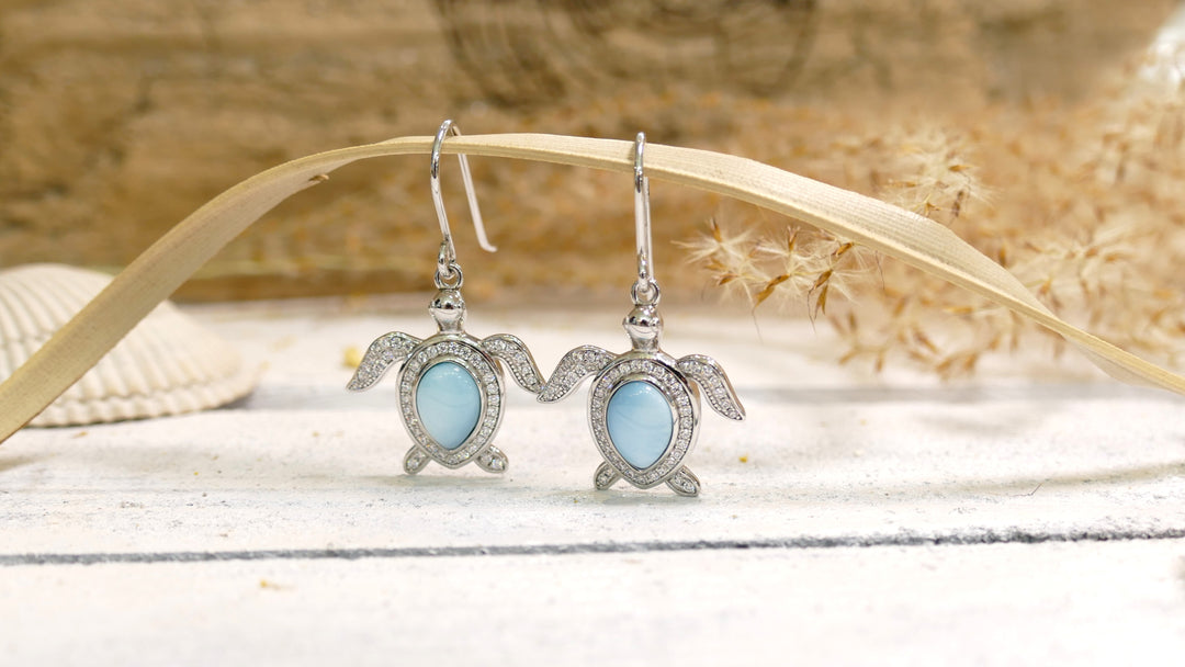 Sterling Silver - Silver CZ Larimar Turtle Dangle Earrings