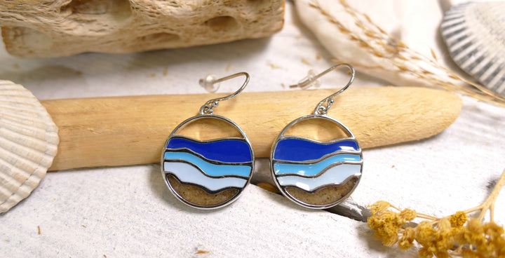 Dune - Sterling Silver - Hues of Blue, Wave Sea Glass Drop Ocean City Beach Sand Earrings