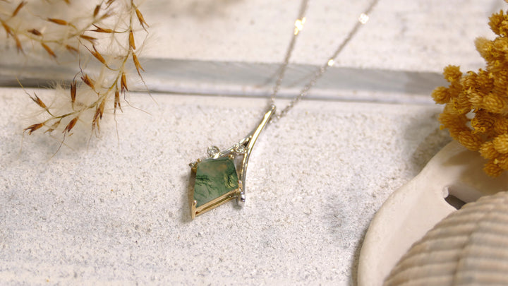 14k Two Tone 1.2ct + Diamond Accent .02ct Moss Agate Kite Necklace