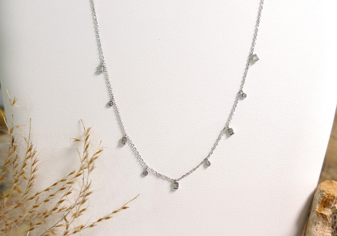 14k White Gold Diamond 0.13ct Round & Baguette Necklace