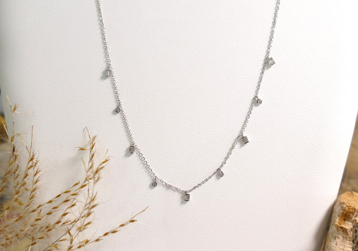 14k White Gold Diamond 0.13ct Round & Baguette Necklace