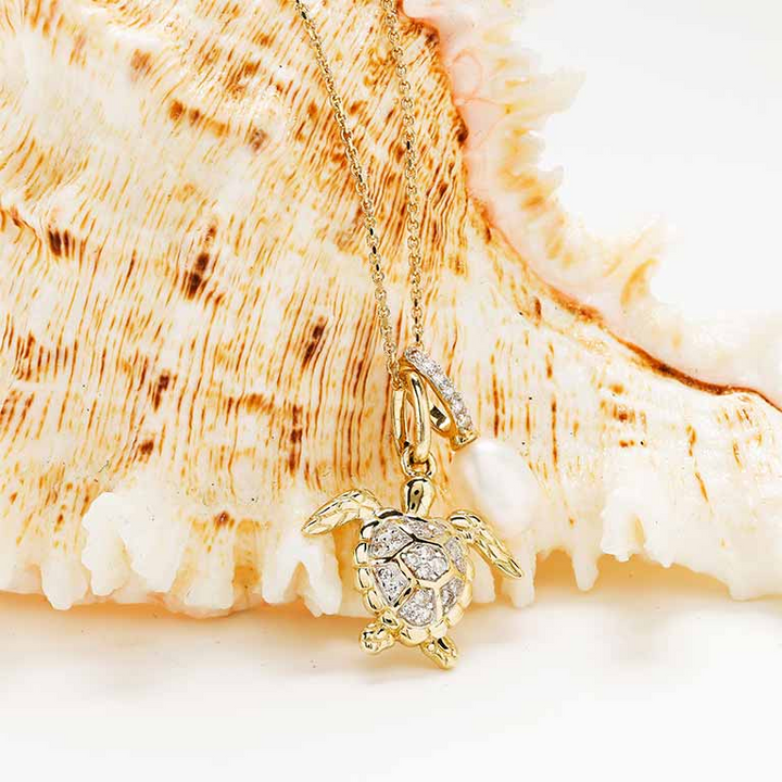 Ocean - 14k - Yellow Gold Freshwater Pearl Lab Grown Diamond Turtle Necklace