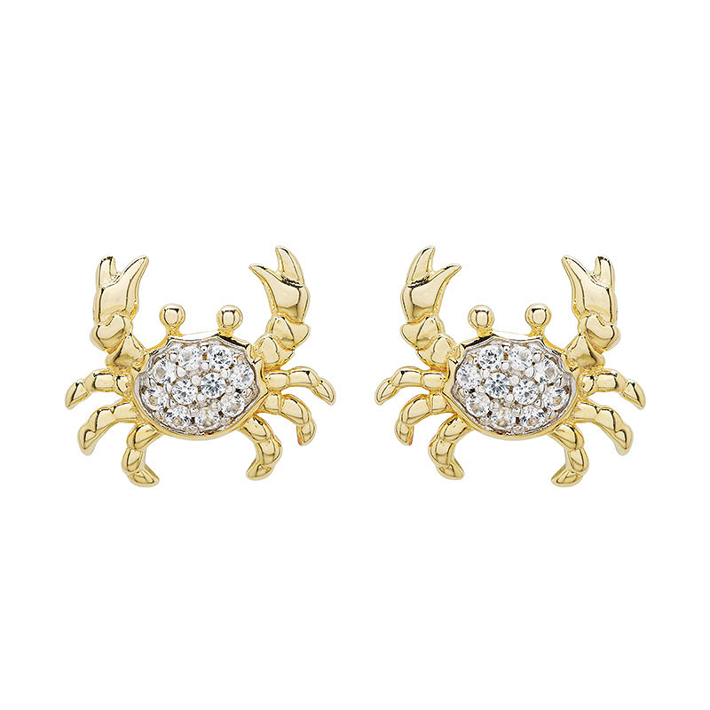Ocean - - Gold Vermeil White Sapphire Crab Stud Earrings