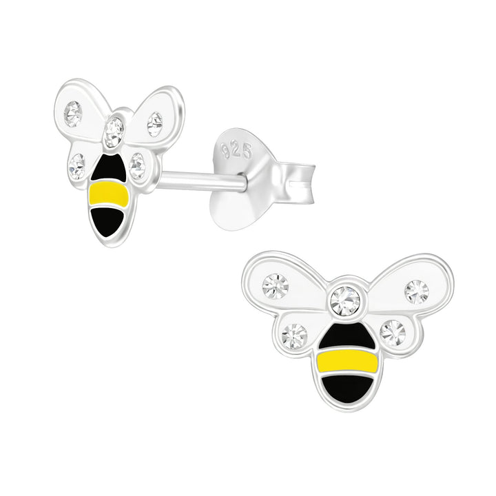 Lily Nily - Sterling Silver - Silver Enamel Crystal Bee Stud Earrings