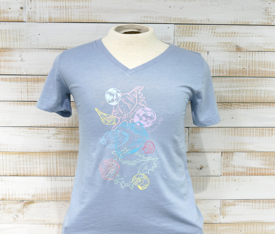 Short Sleeve V-Neck Pastel Seashells T-Shirt - Denim Blue