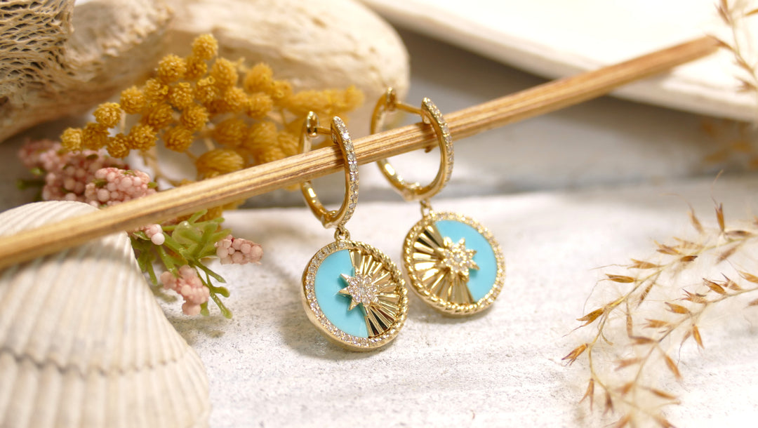 14k Yellow Gold .22ct Turquoise Diamond + Starburst Dangle Earrings