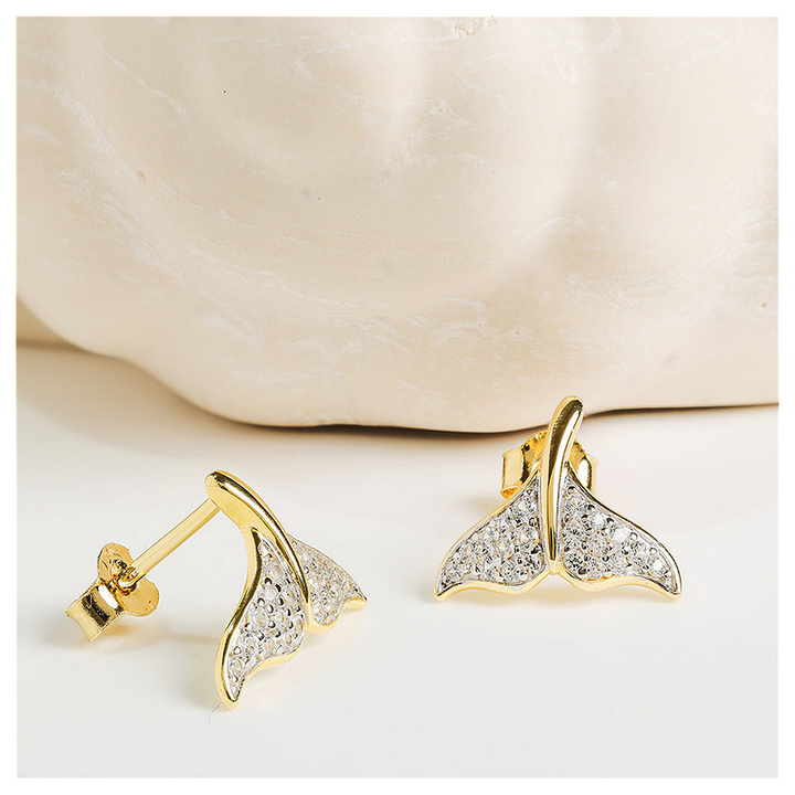 Ocean - - Gold Vermeil White Sapphire Whale Tail Stud Earrings