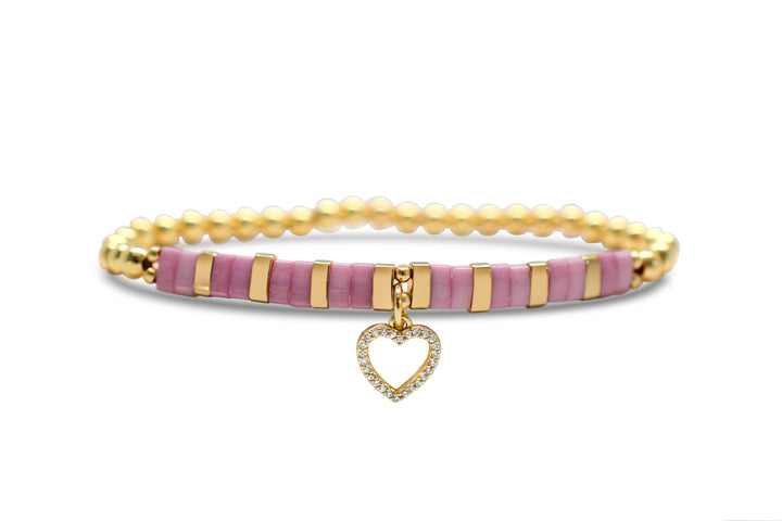Skylar Paige Tila Bead Gold Morse Code Crystal Heart Stretch Bracelet