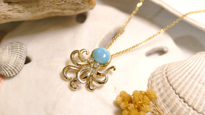 14k - Yellow Gold Octopus Larimar Pendant