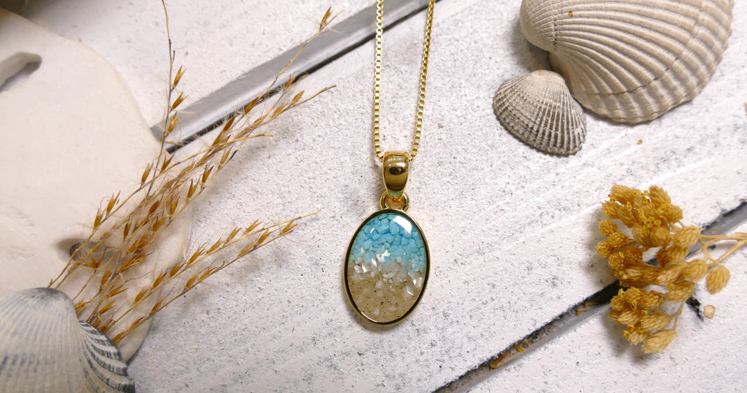 Dune - Sterling Silver - Gold Vermeil Ocean Gradient Sand Drop Oval Necklace (18')
