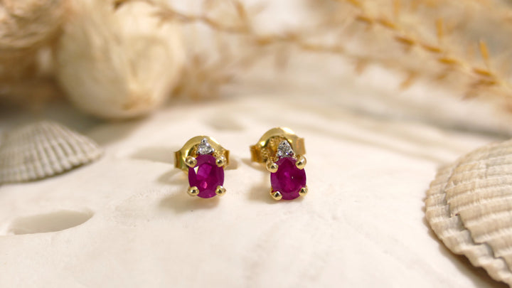 14k Yellow Gold Oval 1 Accented Diamond 0.02ct Ruby Stud Earrings
