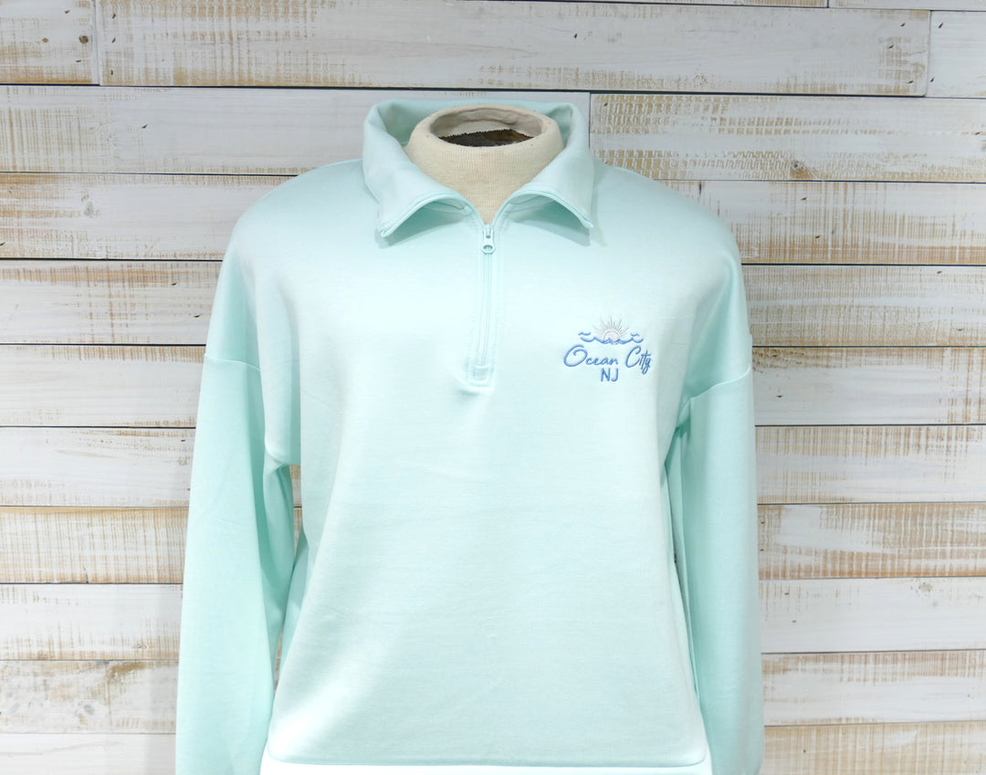 Ocean City Classics - Long Sleeve 1/4 Zip Cadet Collar Sweatshirt - Aqua