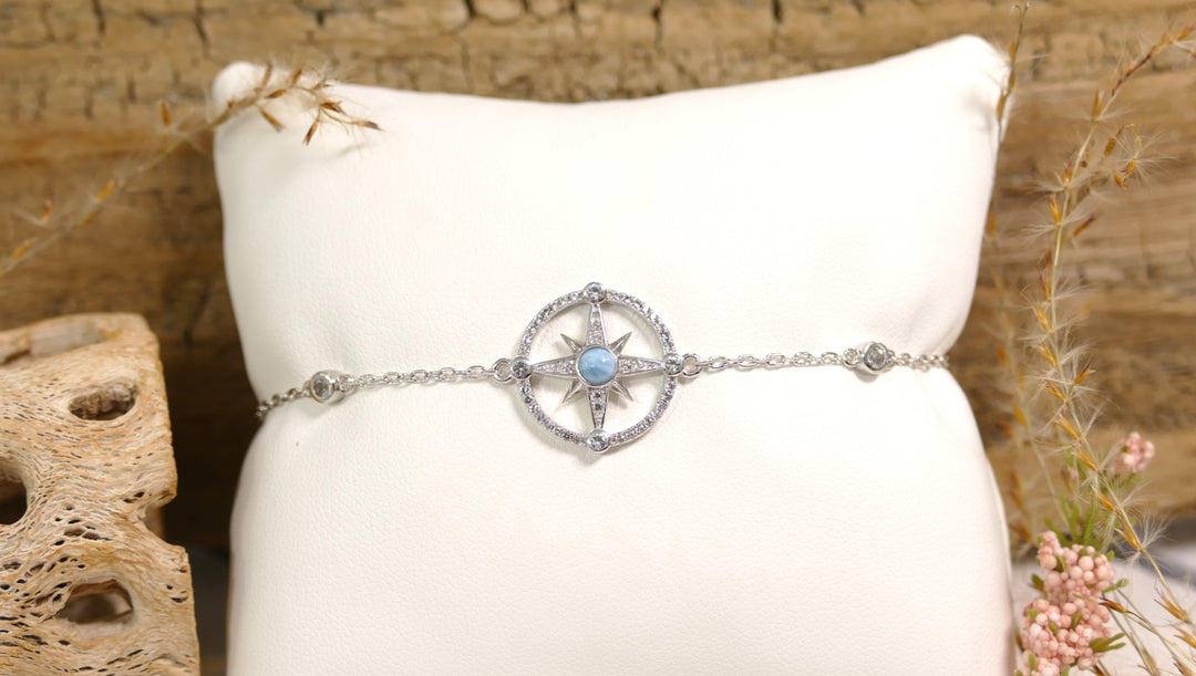 Sterling Silver - Silver White Topaz + Diamonds Larimar Chain Bracelet 6.5" + 1