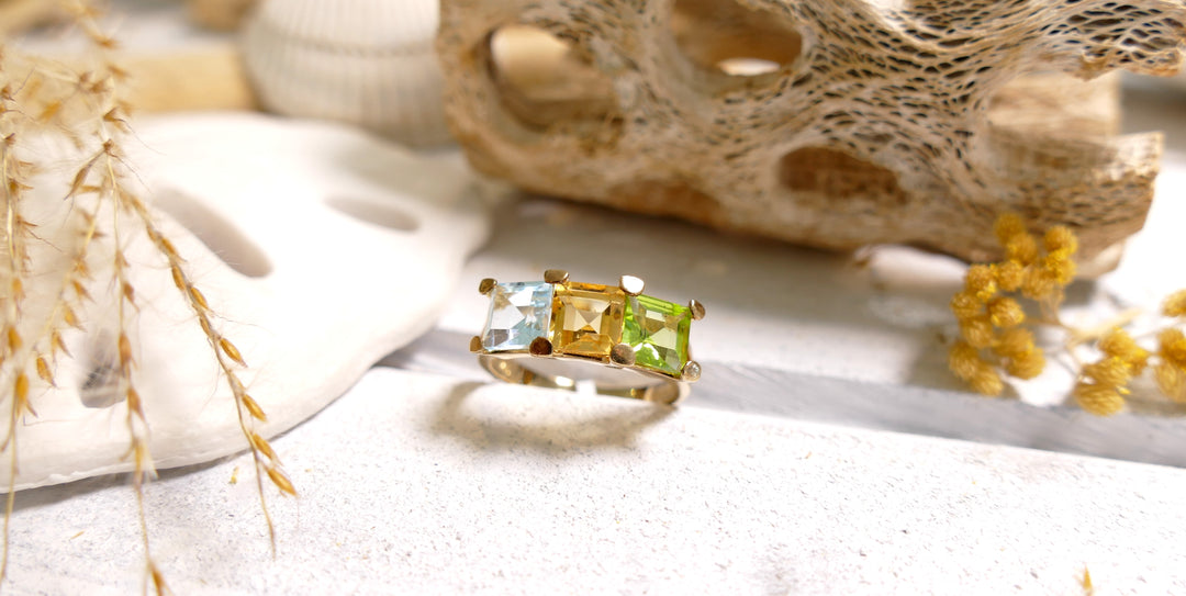 Sterling Silver - 14K Gold Plated Peridot, Citrine, Topaz Ring (Size 6)