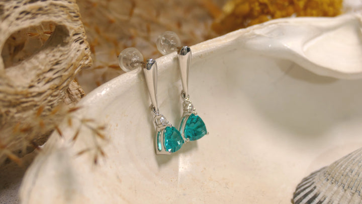 14k White Gold Trillion Cut 2.2ct + 0.06ct Diamond Paraiba Tourmaline Dangle Earrings