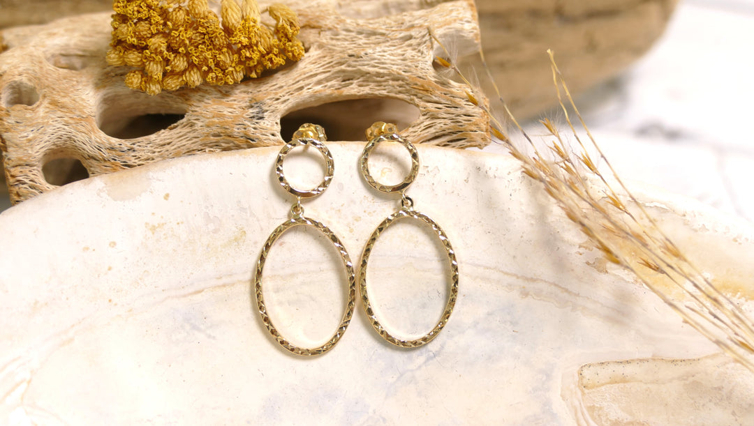 14k Yellow Gold Double Oval Dangle Earrings